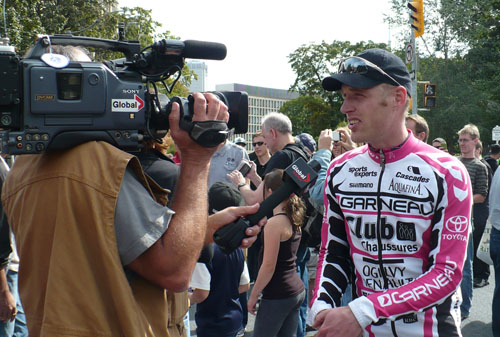 Race winner Jeff Schiller is interviewed by Global TV.