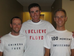 (L-to-R) Erker, Pinfold and myself sporting out t-shirts against doping