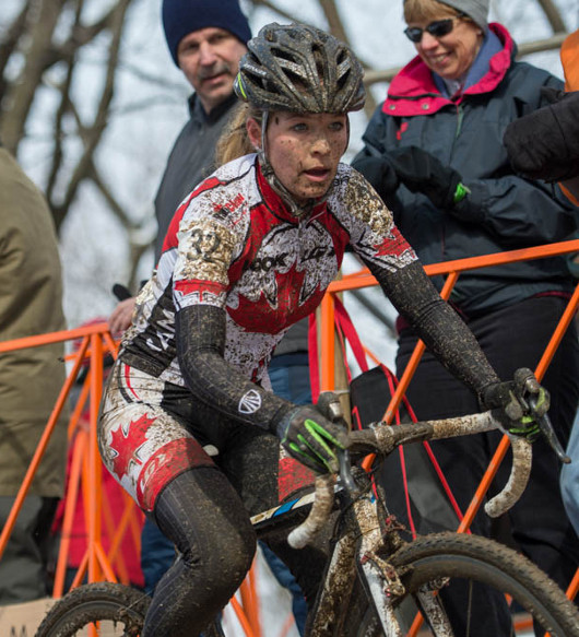 Emily Batty riding in the elite women's world championship race. She was the top Canadian, finishing 16th.