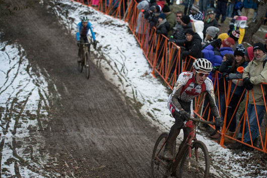 Evan McNeely rides through mud and snow hard during the under-23 men world championship race.