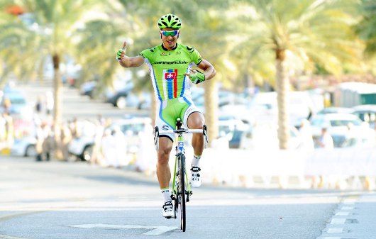 Peter Sagan with his new salute as he won the Stage 2 of the Tour of Oman