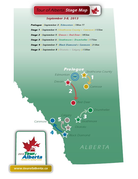 Tour of Alberta stages with their starts and finishs