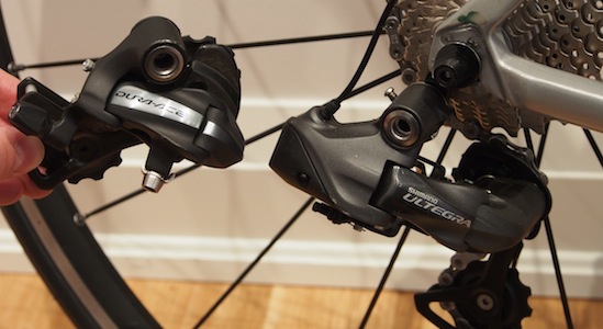 In comparison the Ultegra Di2 rear derailluer is markedly bigger than its mechanical counterpart. 