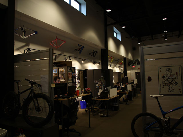 Trek's mountain bike department.Note the frame at the top left once belonged to former US President George Bush Jr. who is an avid cyclist