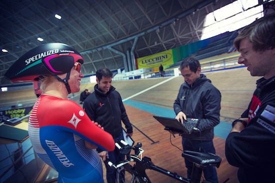 On track & On road testing will also continue to be an important part of the development process. Here Specialized athlete Ellen Van Dijk test her position at a velodrome.