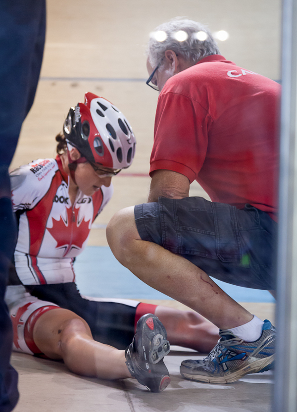 Kinley Gibson was also involved in a crash during the third omnium event, the women's elimination race. She was deemed the cause of the crash and disqualified, despite a formal protest. Photo credit: Ivan Rupes