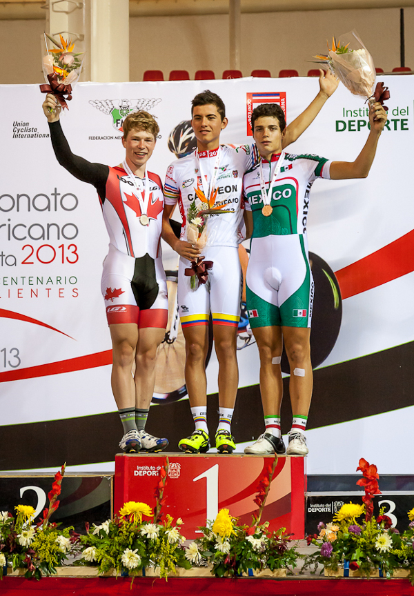 Eric Johnstone (left) wins the silver in the overall omnium classification. Cellis Eduardo Estrada (centre) of Colombia takes gold and Jorge Moreno of Mexico, bronze. Photo credit: Ivan Rupes