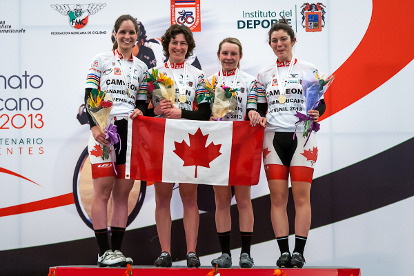Gold medallists in the women's team pursuit (from left): Arianne Bonhomme, Kinley Gibson, Kristen Sears and Sarah Mason. Photo credit: Ivan Rupes