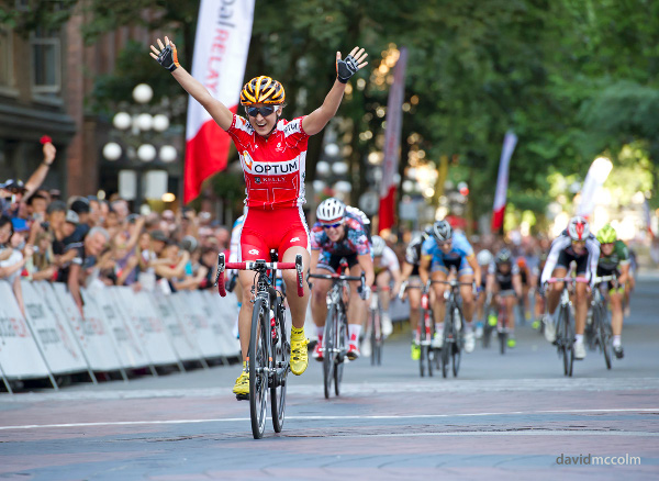 Leah Kirchmann wins at the Gastown Grand Prix, her third victory during BC Superweek after the White Spot Delta Road Race and the UBC Grand Prix. Photo credit: David McColm