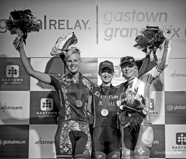 The women's podium at the 2013 Gastown Grand Prix from left: Gillian Carleton (second/Specialized-lululemon), Leah Kirchmann (first/Optum presented by Kelly Benefit Strategies) and Robin Farina (third/Now and Novartis for MS). Photo credit: David McColm