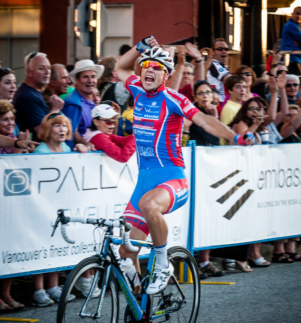 Florenz Knaver celebrates at the 2013 Giro di Burnaby. Photo credit: Scott Robarts
