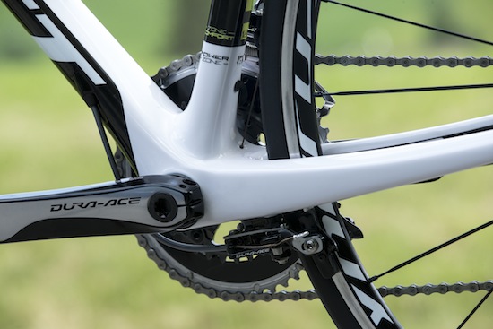 Shimano Dura Ace direct mount brakes are tucked nicely under the chain stays for more powerful braking