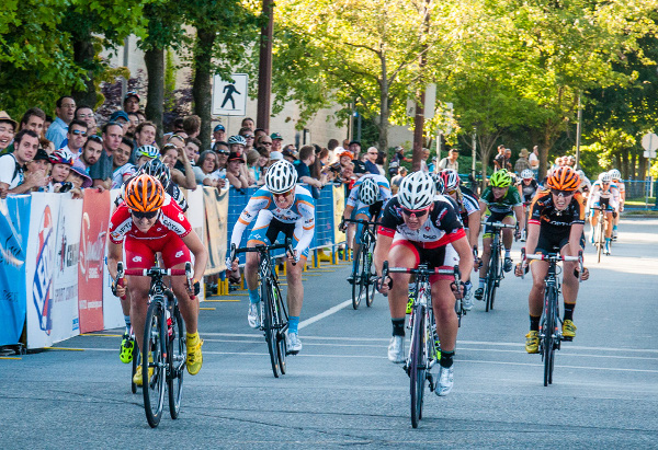 Canadian criterium champion Leah Kirchmann (left) sprints for the finish of the UBC Grand Prix. Photo credit: Scott Robarts
