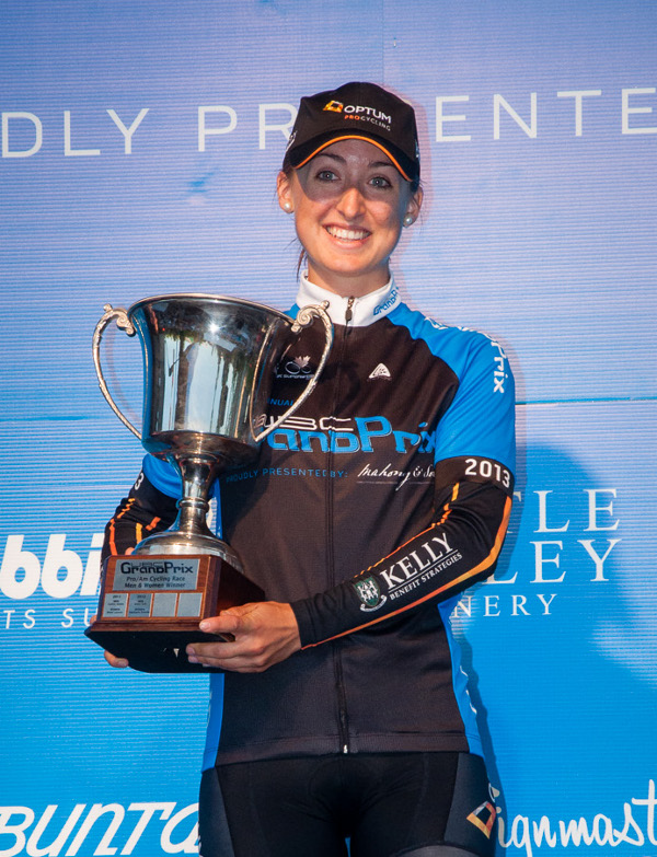 Leah Kirchmann with the UBC Grand Prix trophy. Photo credit: Scott Robarts