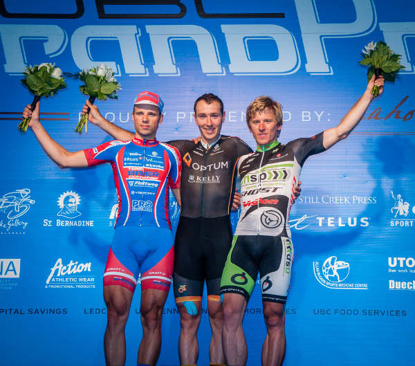 From left: the UBC Grand Prix men's podium with Florenz Knauer of Team Baier Landshut (second), Ryan Anderson of Optum presented by Kelly Benefit Strategies (first) and Michael Schweizer of NSP Ghost/Team Germany (third). Photo credit: Scott Robarts