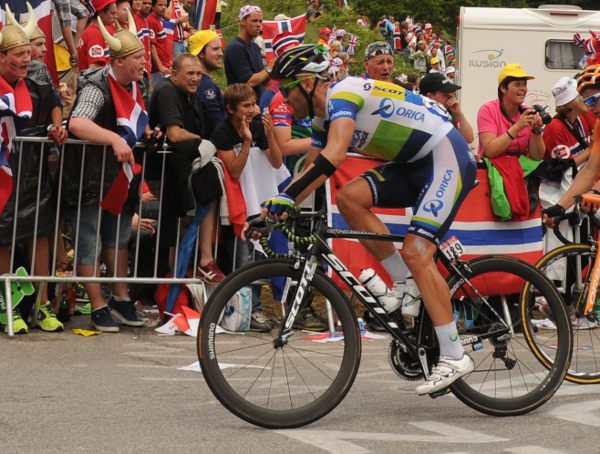 Svein Tuft rides through Stage 18 of the Tour de France, which featured two ascents of the Alp d'Huez. Photo credit: ASO