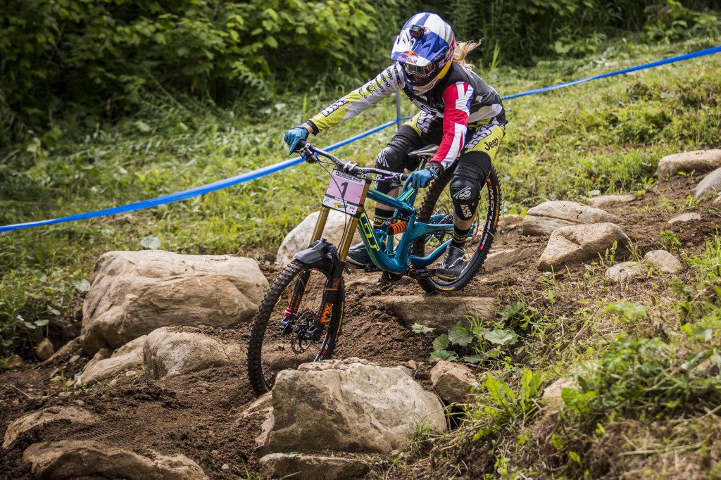 Great Britain's Rachel Atherton, seen here in downhill competition at Mont Sainte Anne, Quebec this summer, held on for the Elite women's downhill title in Vallnord. 