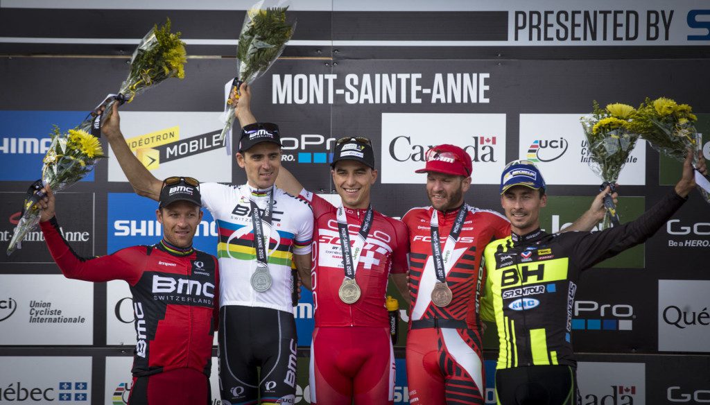 The men's elite podium at the 2015 Mont Sainte Anne World Cup (Photo: Mathieu Bélanger)