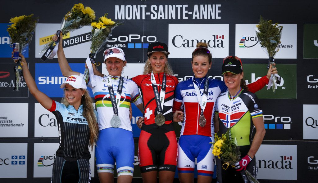 women's elite podium at the 2015 Mont Sainte Anne World Cup. (Photo: Mathieu Bélanger)