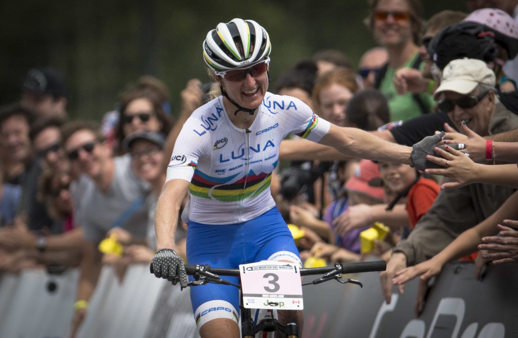 Catharine Pendrel celebrates her second place finish at the 2015 Mont Sainte Anne World Cup. (Photo: Mathieu Belanger)