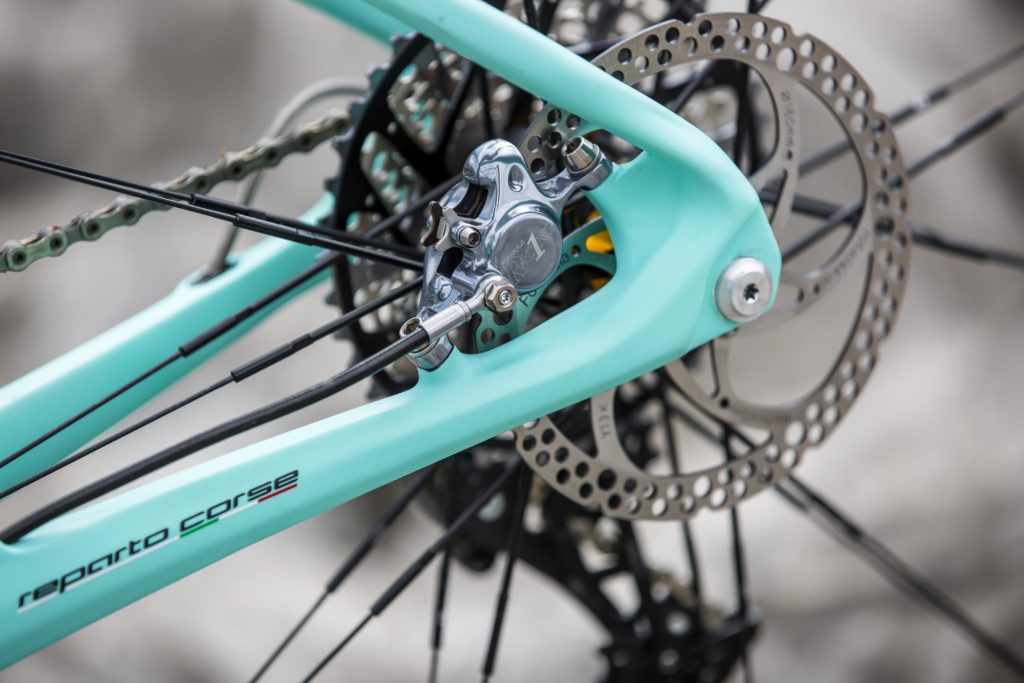 The 12 x 148-mm thu axel and disk brakes on the Methanol CV. Photo credit: Michele Mondini