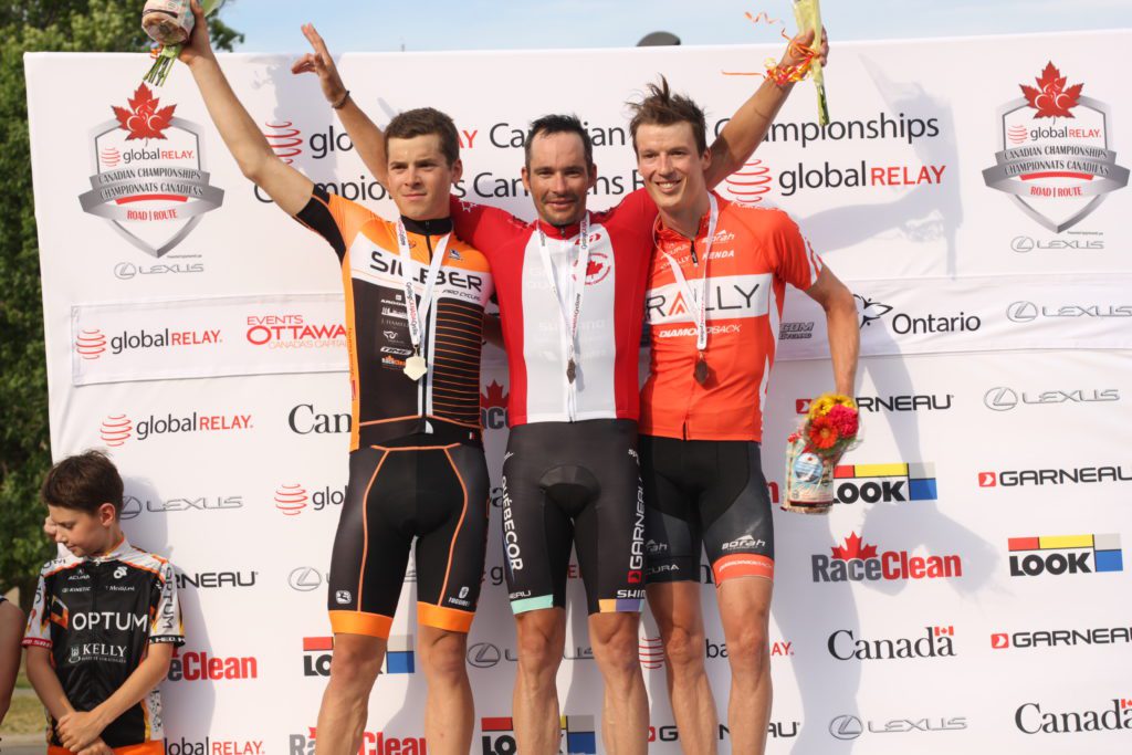 The elite men's podium: 1. Bruno Langlois 2. Ben Perry 3. Will Routley