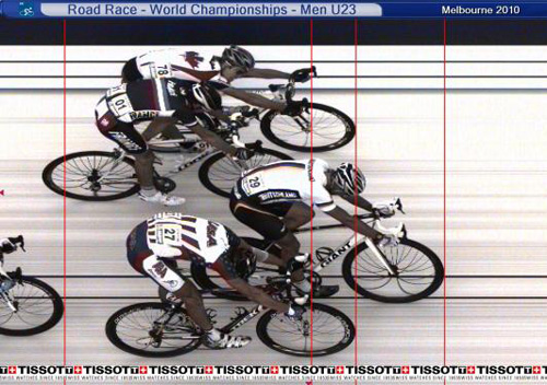 Guallaume Boivin, top, crosses the line in a dead heat with Taylor Phinney, bottom for third place at the U-23 World Championships.