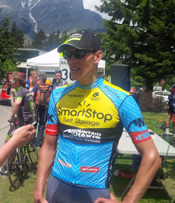 Kristopher Dahl is interviewed after winning a stagiaire contact with SmartStop presented by Mountain Khakis. He'll also be the sole Albertan in September's Tour of Alberta. Photo credit: Tour of Alberta