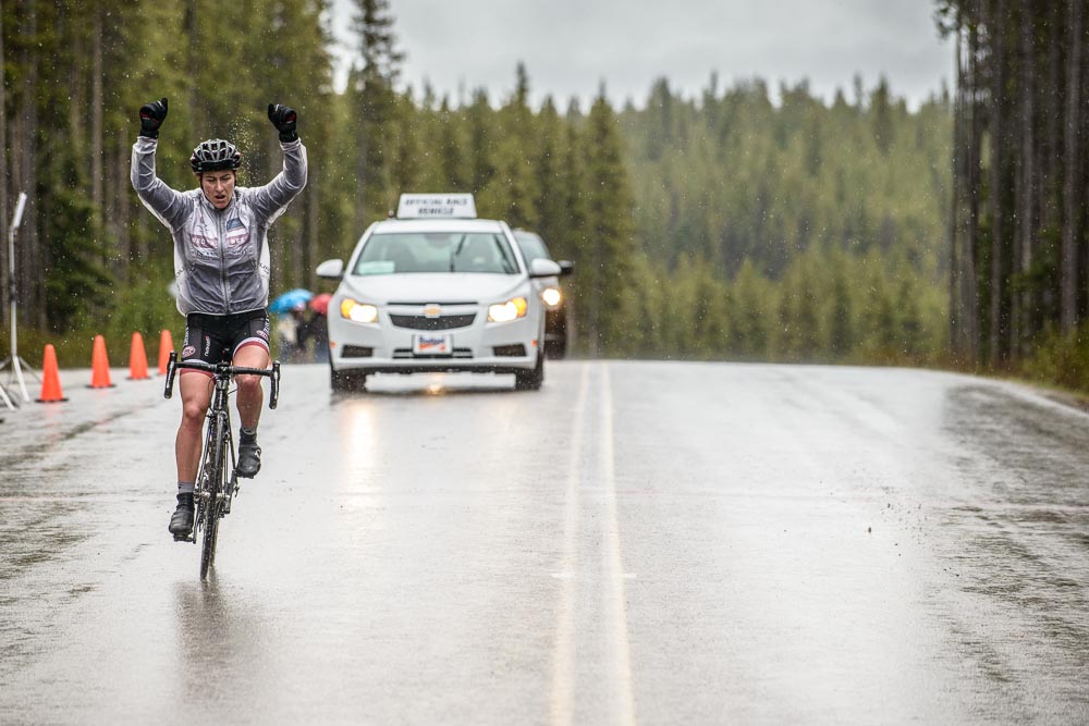 Kinley Gibson wins the woman's Lake Louise Road Race during the Banff Bike Fest