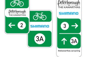 Peterborough and the Kawarthas and Shimano route signs