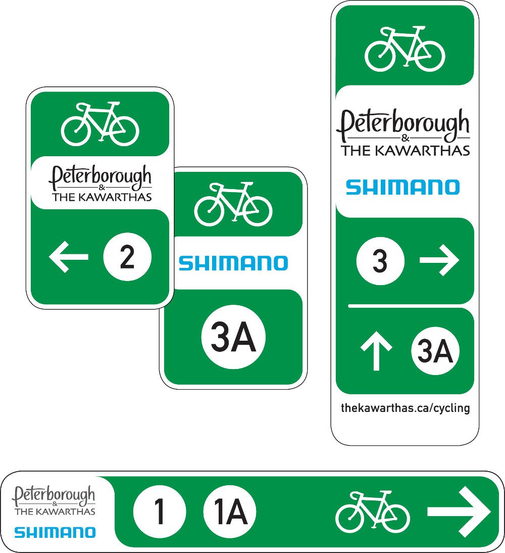 Peterborough and the Kawarthas and Shimano route signs
