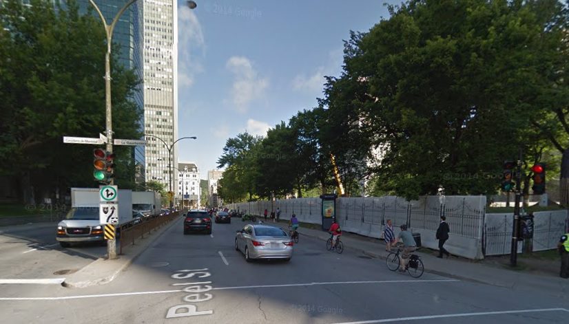 Ongoing construction has reduced the size of Peel Street in Montreal, making cycling dangerous, reports say. (Image: Google Maps)