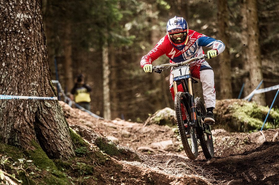 Aaron Gwin performs at the UCI World Tour in Val di Sole, Italy on August 22nd, 2015