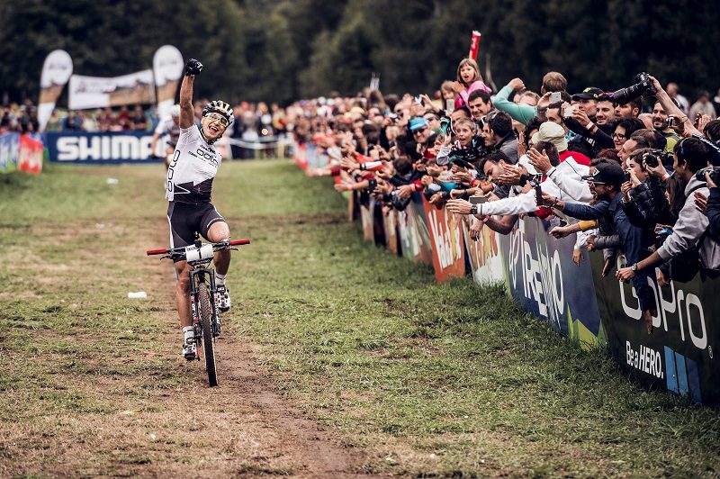 Nino Schurter performs at the UCI World Tour in Val di Sole, Italy on August 23rd, 2015