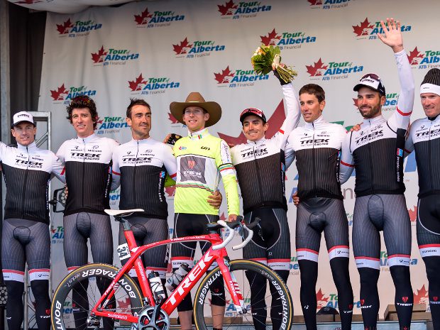 Trek Factory Racing, led by Bauke Mollema, puled off the surprise win in the team time trial to kickstart the Tour Of Alberta. The pre-stage favourites, Orica-Greenedge, finished second. Photo credit: Jeff Bartlett