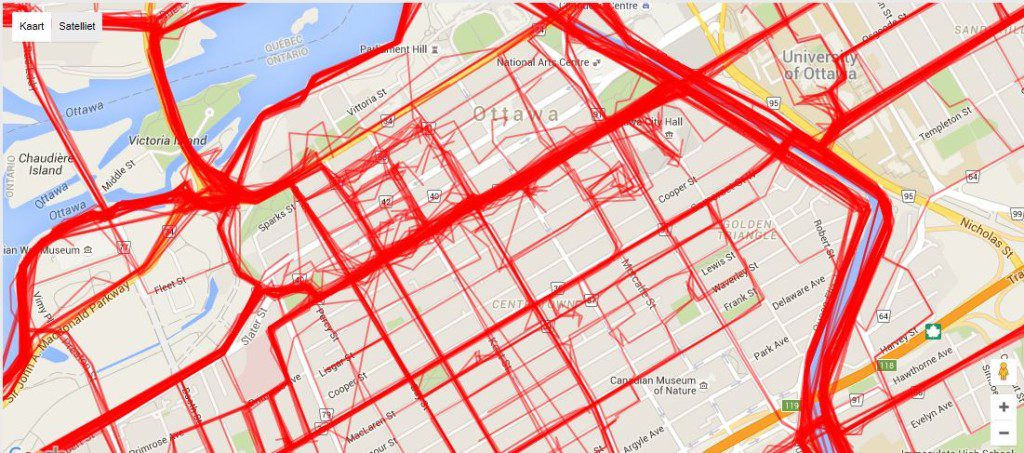 The movements of the BikeOttawa group within Strava over the period of March 22, 2016 until April 21, 2016. Photo credit: Citizens for Safe Cycling
