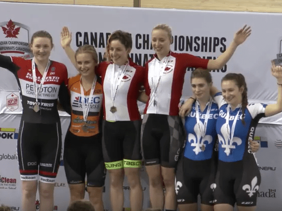 Maggie Coles-Lyster third from the left on the podium for the junior women's team sprint