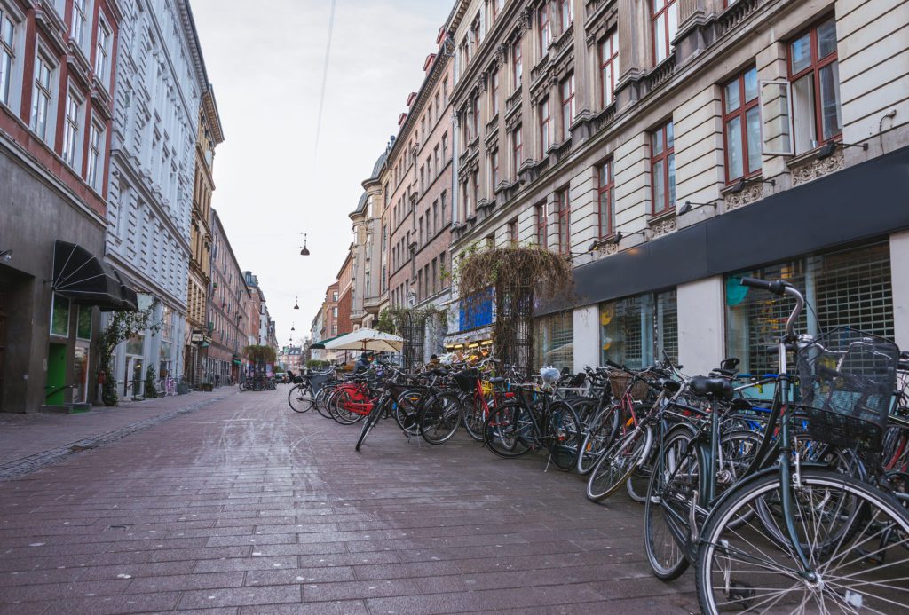 Bicycles neighborhood in winter morning. Copenhagen, Denmark
