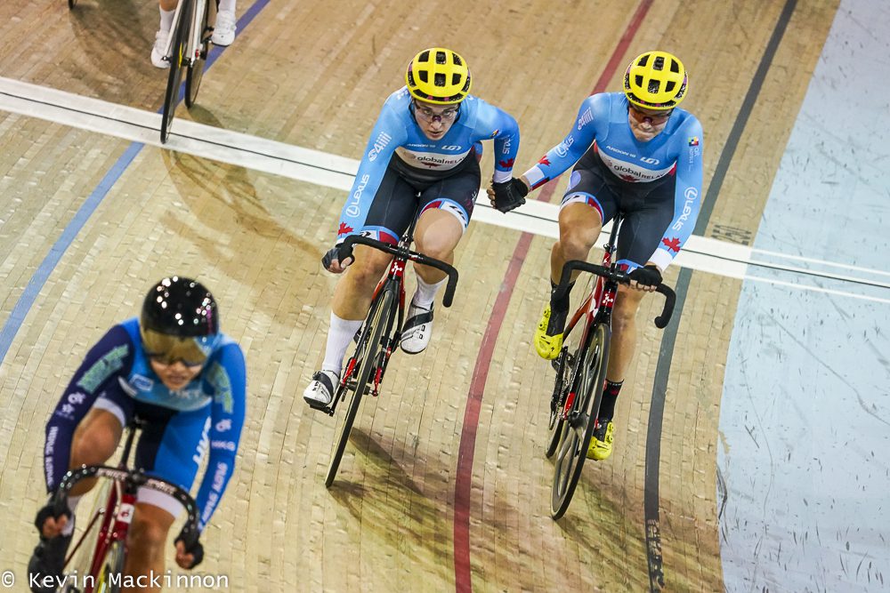 Team Canada races the women's madison at the milton world cup