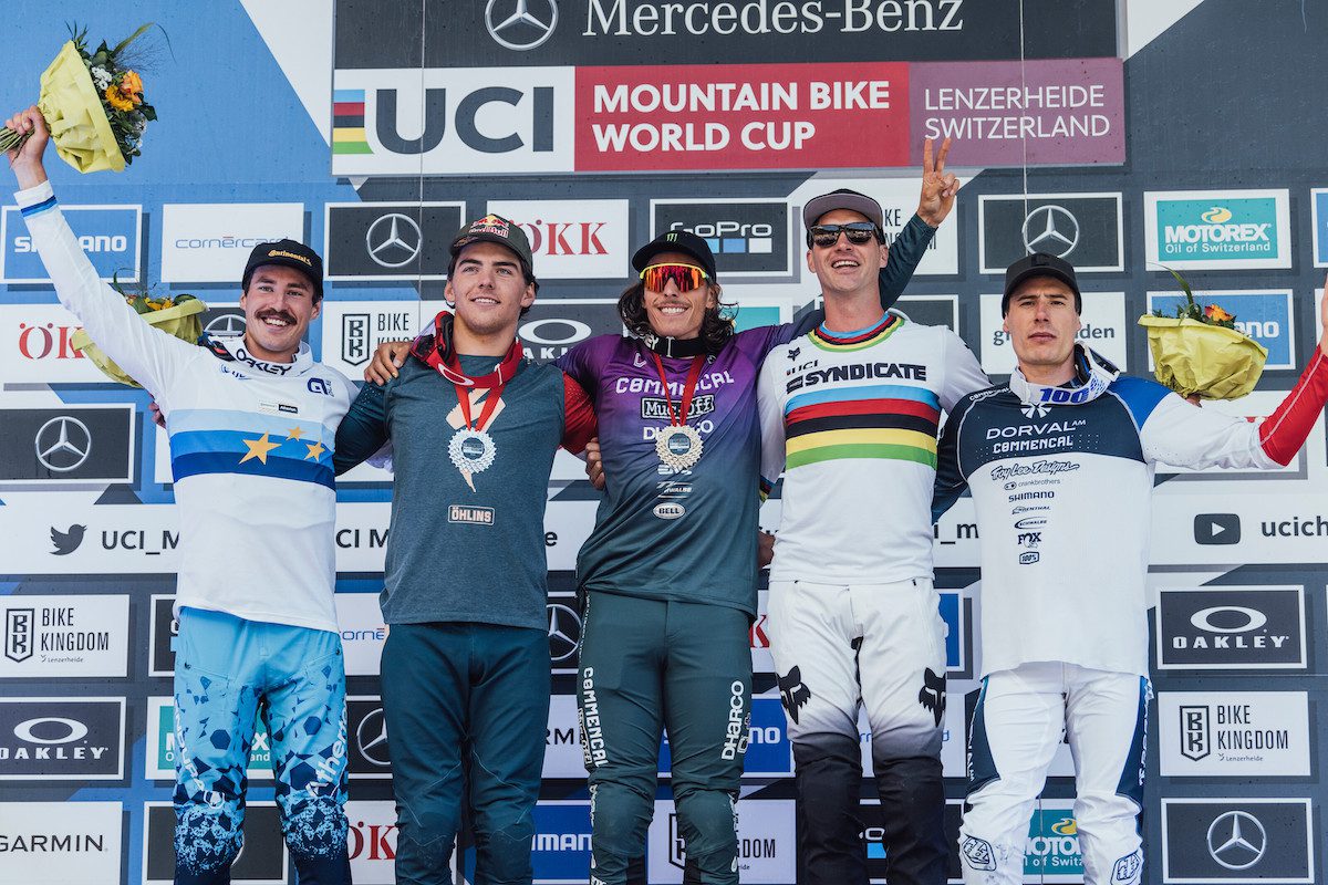 World Cup downhill men's elite podium Lenzerheide 