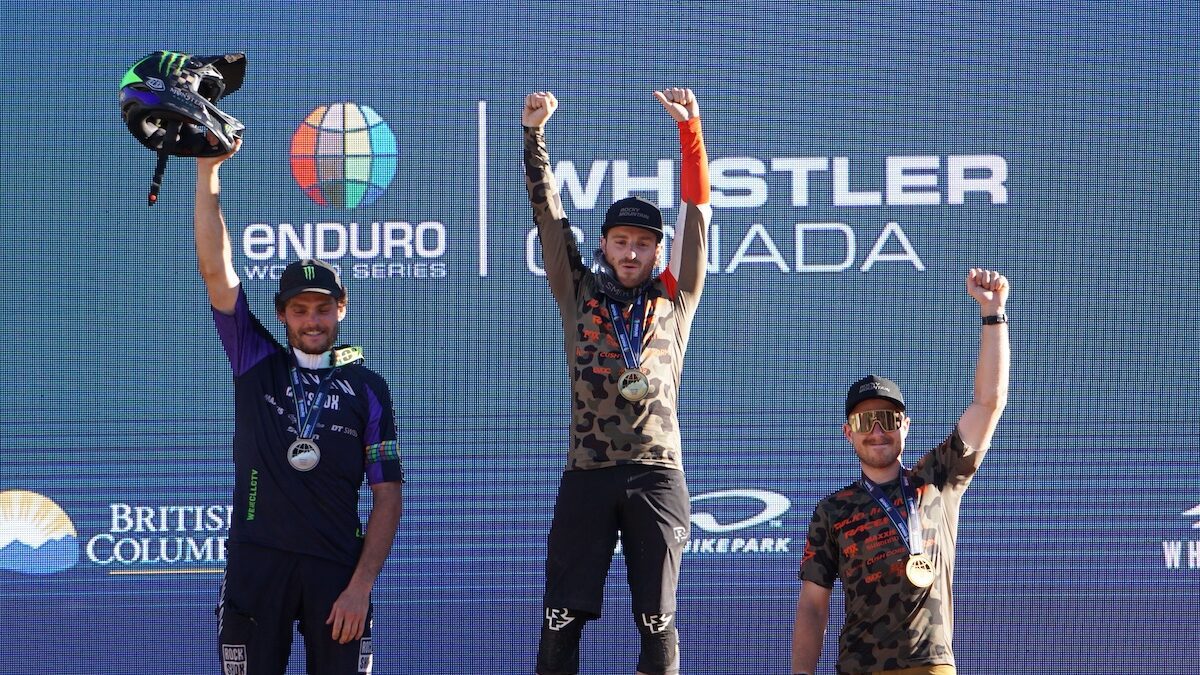 JESSE Melamed and REmi Gauvin on the podium at the Whistler Enduro World Series