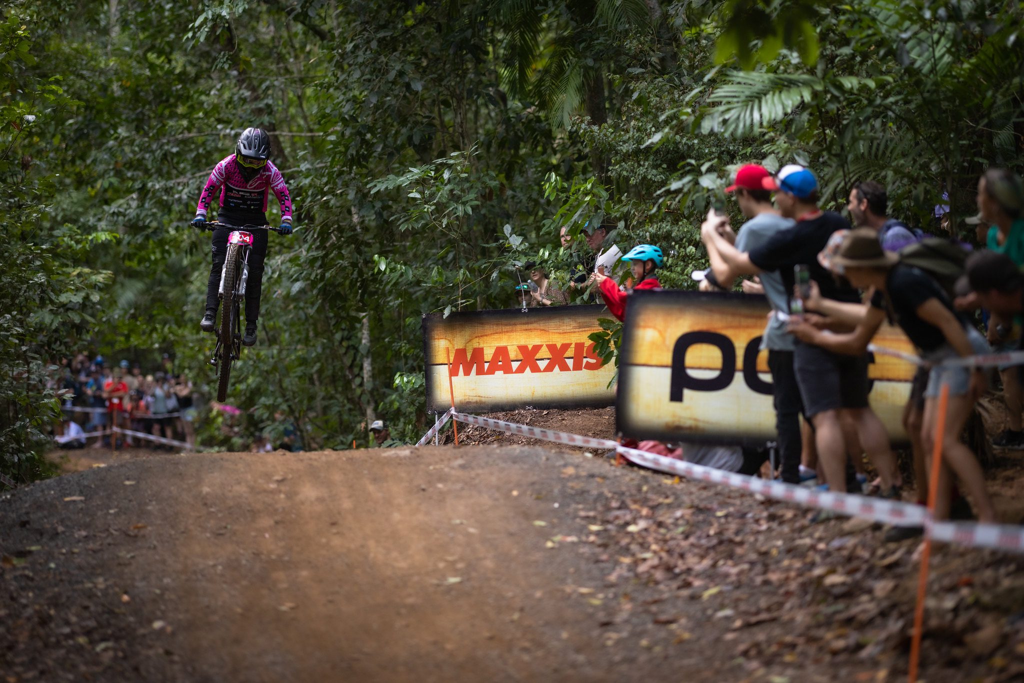 Tracey Hannah jumps during Cairns DH