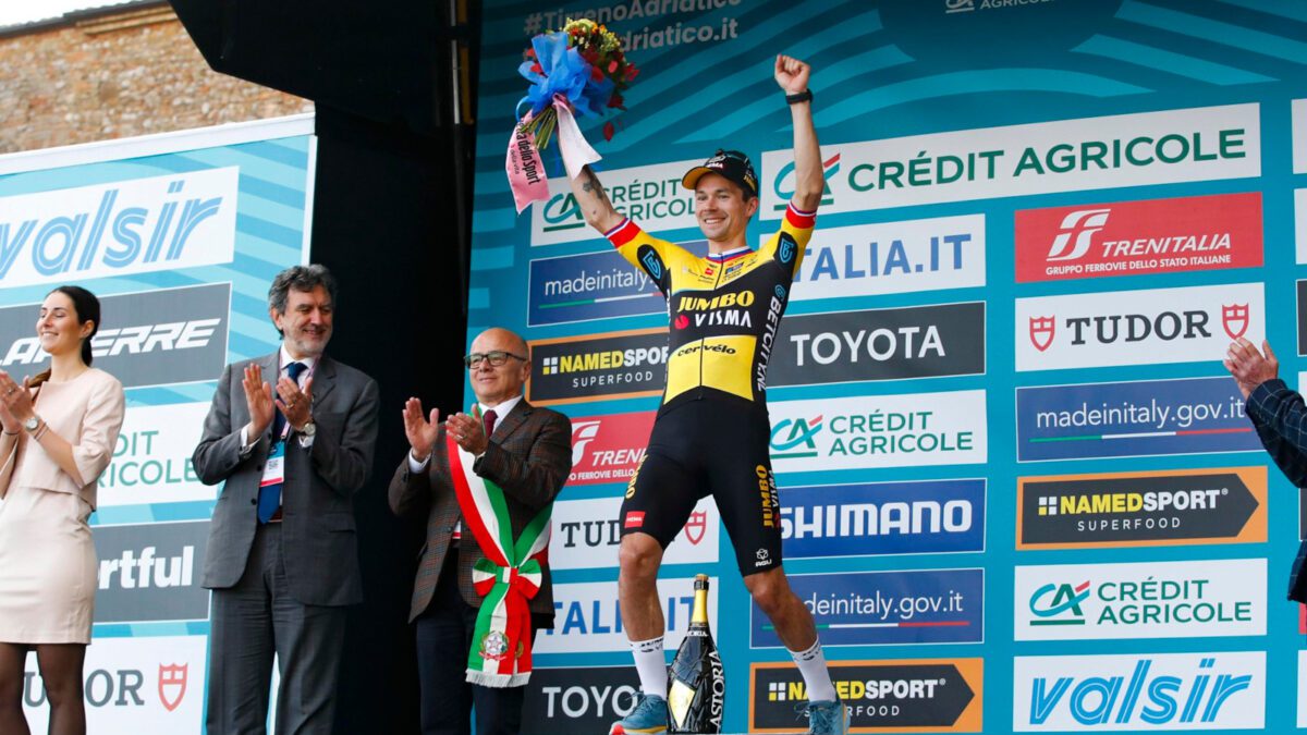 Primoz Roglic on the podium at Tirreno-Adriatico