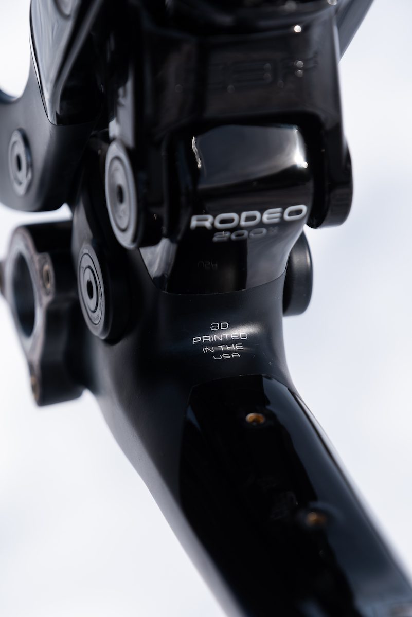 Revel Rodeo frame detail showing it is a 3D-printed mountian bike made in the USA