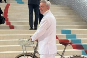 David Byrne at Met Gala on a bike