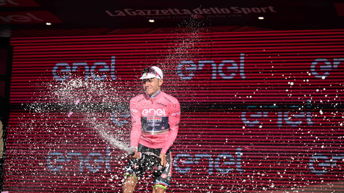 Remco Evenepoel on the podium at the Giro d'Italia