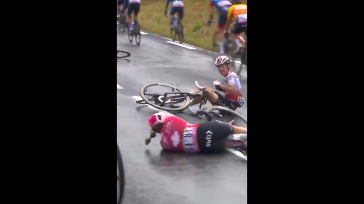 Alison Jackson crashing at the Tour de France Femmes