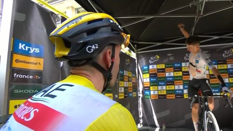 Tadej Pogacar imitating Wout van Aert at the Tour de France in front of Adam Yates