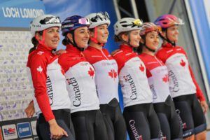2023 UCI Cycling World Championships - Loch Lomond to Glasgow, Scotland - Women’s Elite Road Race - Olivia Baril of Canada, Simone Boilard of Canada, Maggie Coles-Lyster of Canada, Alison Jackson of Canada, Sara Poidevin of Canada, Sarah Van Dam of Canada