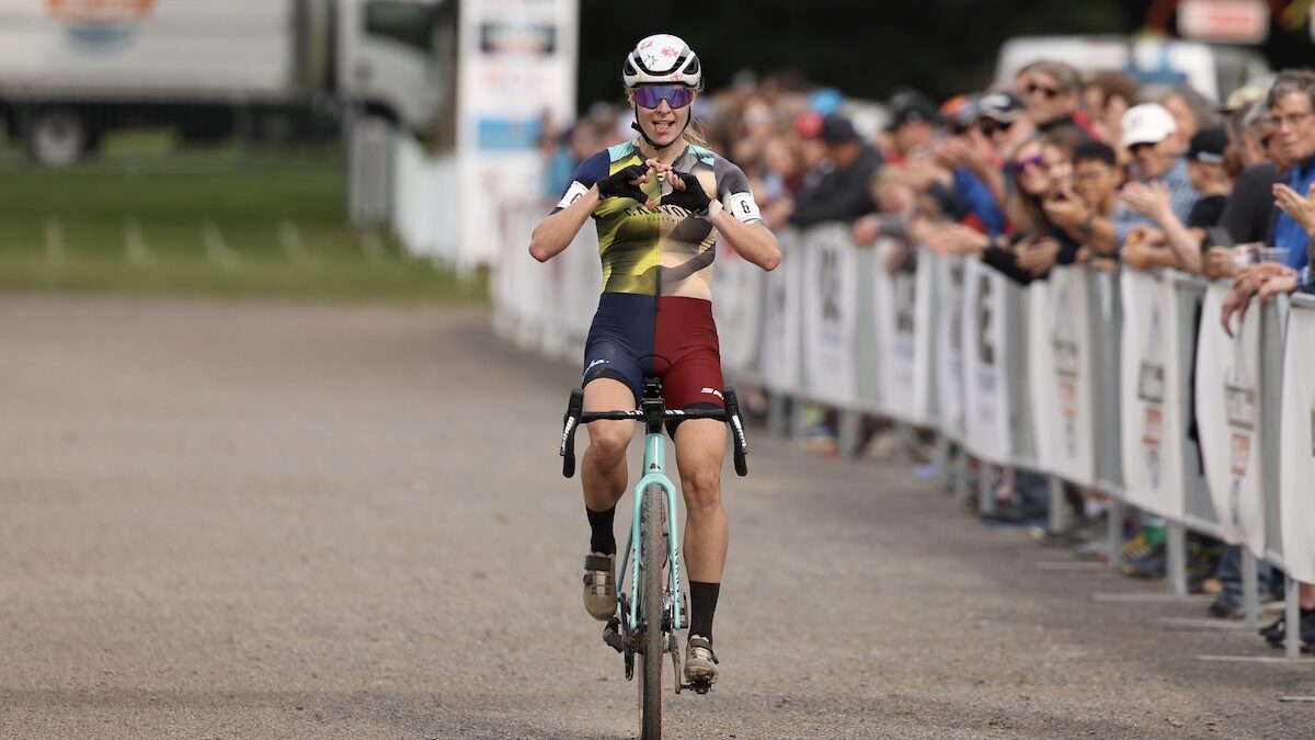 Maghalie Rochette celebrates at 2023 Rochester Cyclocross PHoto: Nick Iwanyshyn